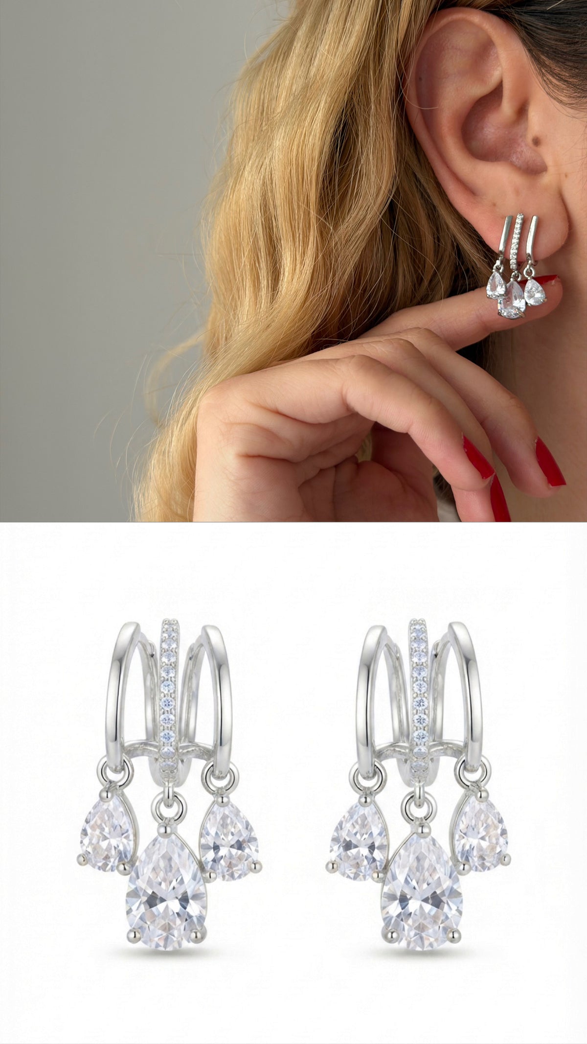 Silver Plated Stainless Steel Triple Row Huggie Pear Cut CZ Drop Earrings - CW1VPEARRING00461 | Wholesale Stainless Steel Jewelry Catwalk Jewellery Europe