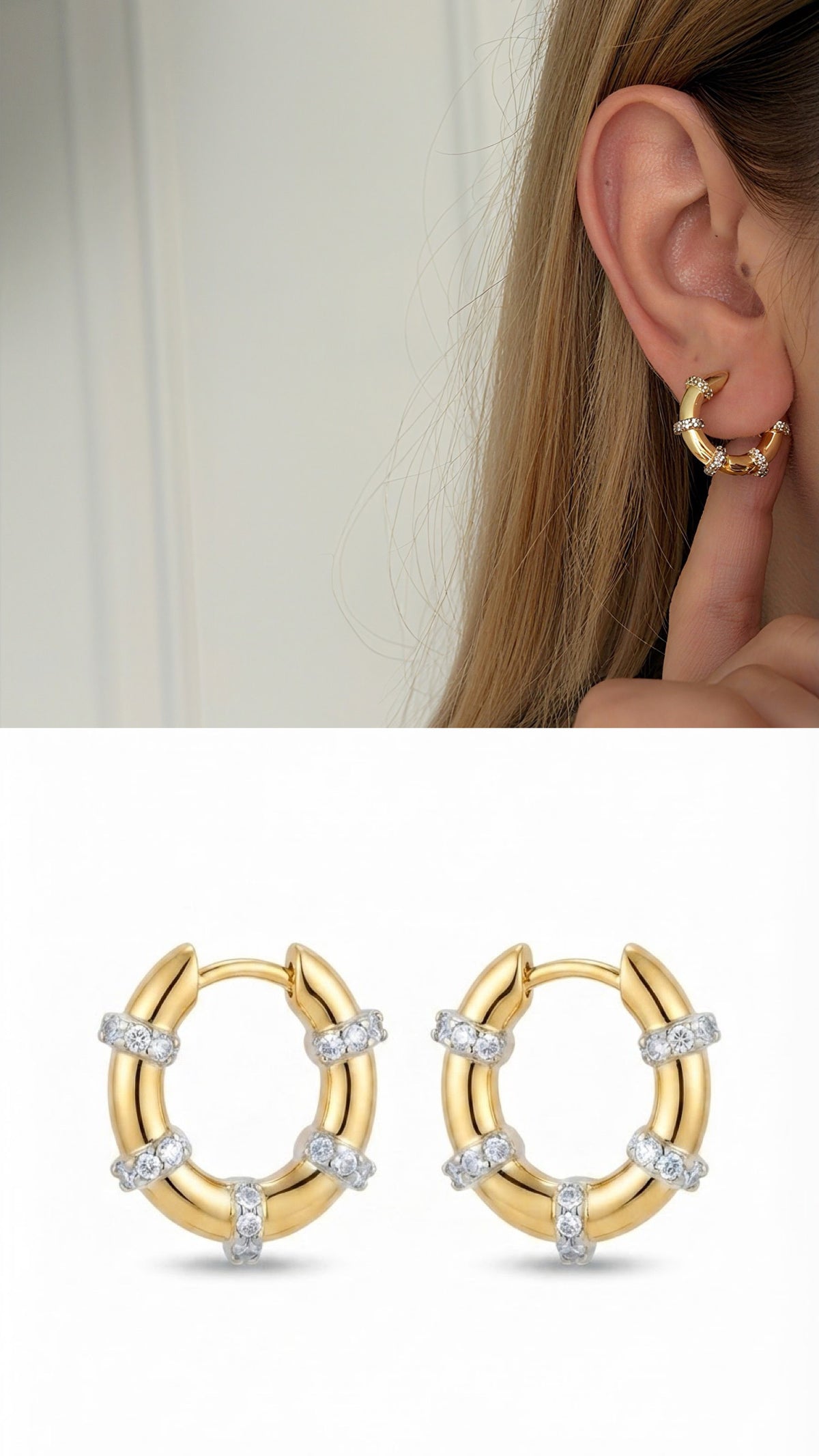 18K Gold Plated Stainless Steel Pave CZ Banded Chunky Huggie Hoop Earrings - CW1VPEARRING00463 | Wholesale Stainless Steel Jewelry Catwalk Jewellery Europe