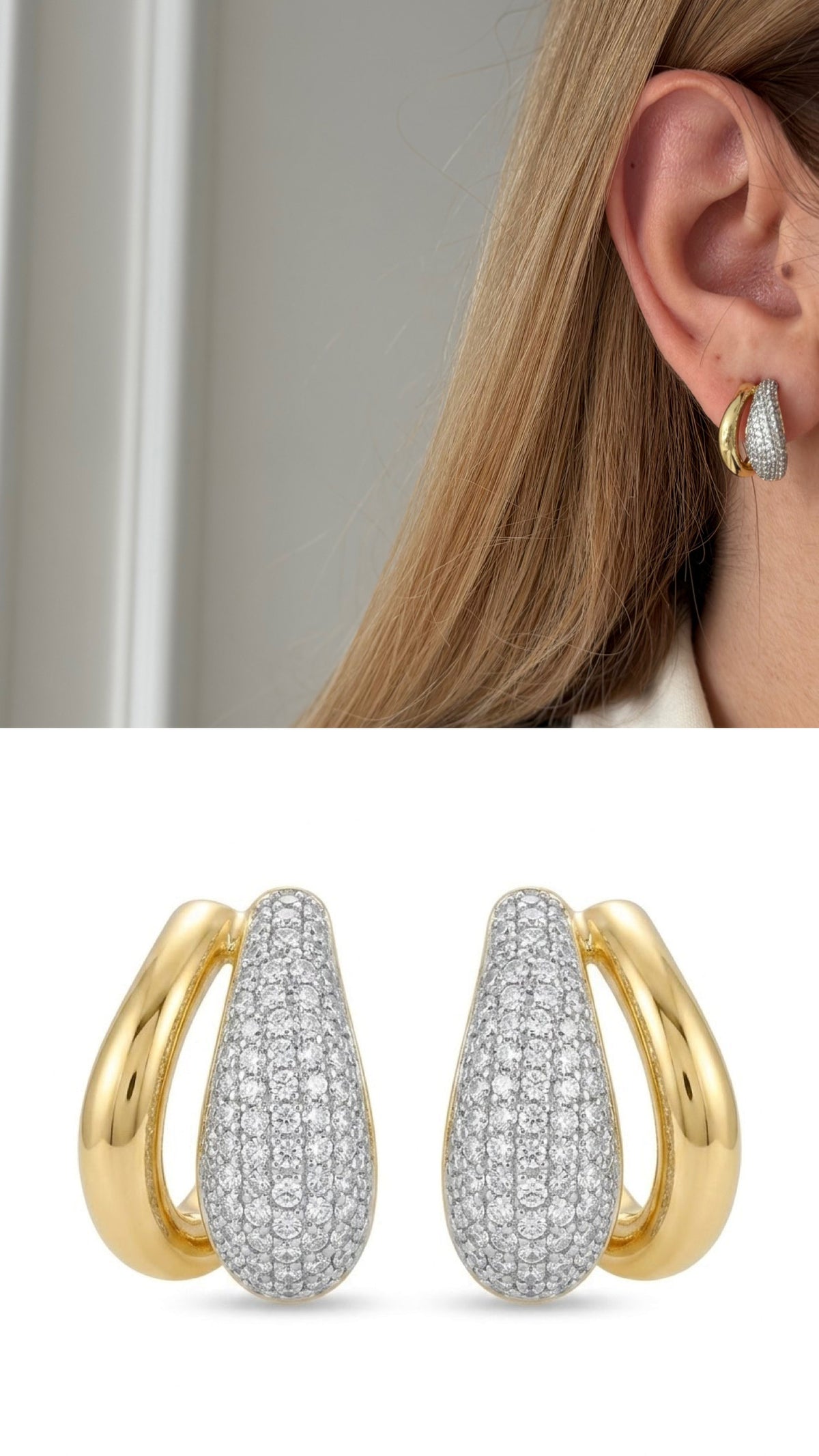 18K Gold Plated Stainless Steel Pave CZ Chunky C Hoop Stud Earrings - CW1VPEARRING00468 | Wholesale Stainless Steel Jewelry Catwalk Jewellery Europe