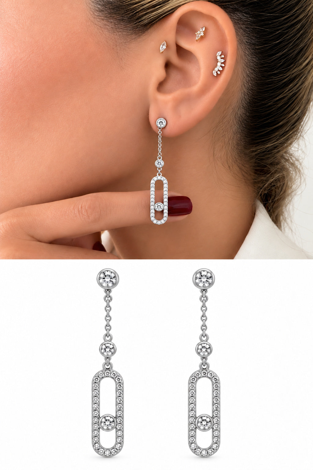 Silver Plated Stainless Steel Pave CZ Oval Paperclip Floating Bezel CZ Drop Earrings - CW1VPEARRING00470 | Wholesale Stainless Steel Jewelry Catwalk Jewellery Europe