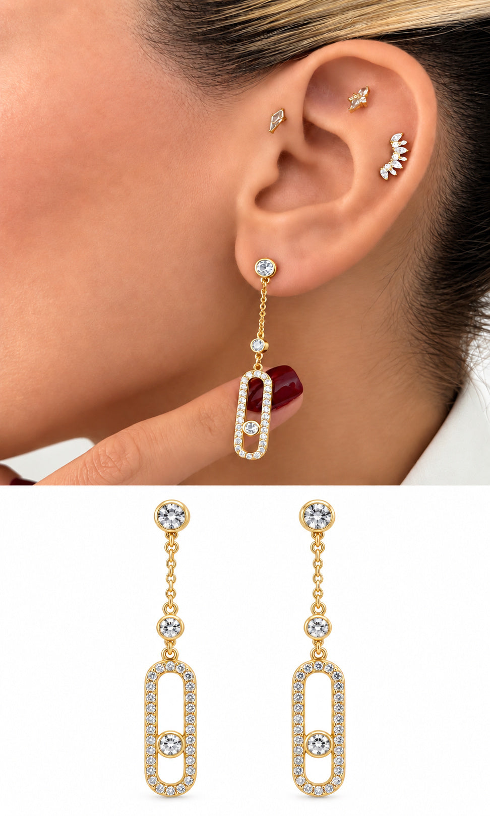 18K Gold Plated Stainless Steel Pave CZ Oval Paperclip Floating Bezel CZ Drop Earrings - CW1VPEARRING00471 | Wholesale Stainless Steel Jewelry Catwalk Jewellery Europe