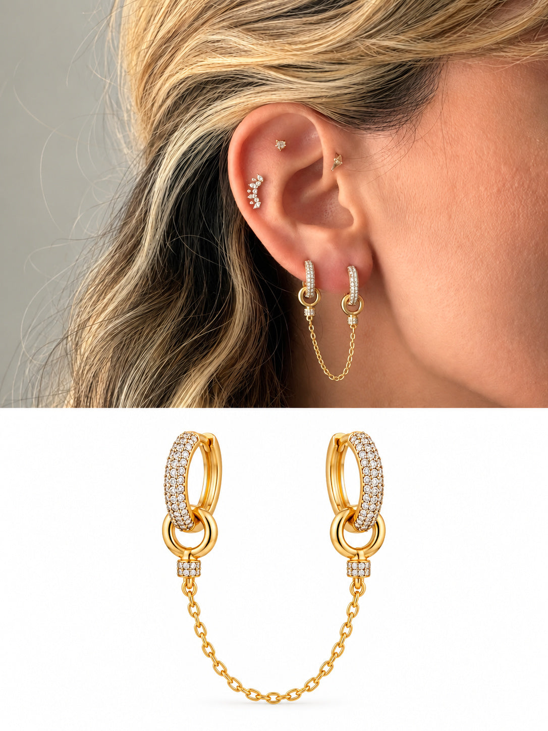 18K Gold Plated Stainless Steel Pave CZ Double Huggie Hoop Connecting Chain Earrings - CW1VPEARRING00472 | Wholesale Stainless Steel Jewelry Catwalk Jewellery Europe