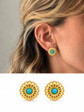 18K Gold Plated Stainless Steel Fluted Sunburst Turquoise Cabochon Stud Earrings - CW1VPEARRING00473 | Wholesale Stainless Steel Jewelry Catwalk Jewellery Europe