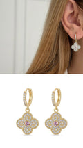 18K Gold Plated Stainless Steel Pave CZ Pink Center Four Leaf Clover Huggie Drop Earrings - CW1VPEARRING00475 | Wholesale Stainless Steel Jewelry Catwalk Jewellery Europe
