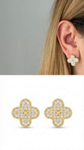 18K Gold Plated Stainless Steel Pave CZ Four Leaf Clover Cross Center Stud Earrings - CW1VPEARRING00476 | Wholesale Stainless Steel Jewelry Catwalk Jewellery Europe