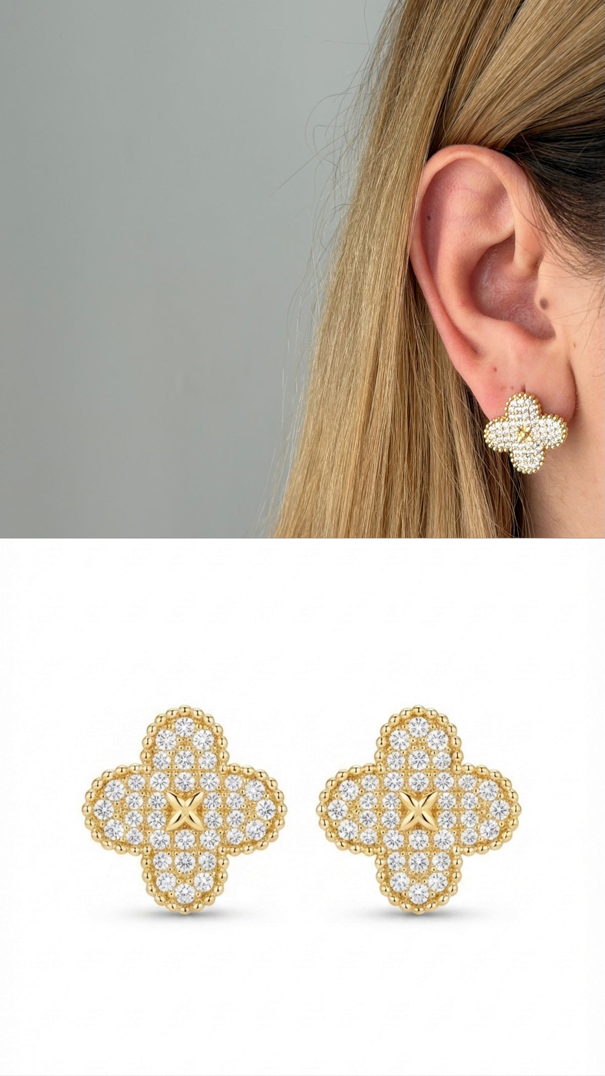 18K Gold Plated Stainless Steel Pave CZ Four Leaf Clover Cross Center Stud Earrings - CW1VPEARRING00476 | Wholesale Stainless Steel Jewelry Catwalk Jewellery Europe