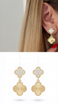18K Gold Plated Stainless Steel Pave CZ Guilloche Four Leaf Clover Drop Earrings - CW1VPEARRING00478 | Wholesale Stainless Steel Jewelry Catwalk Jewellery Europe