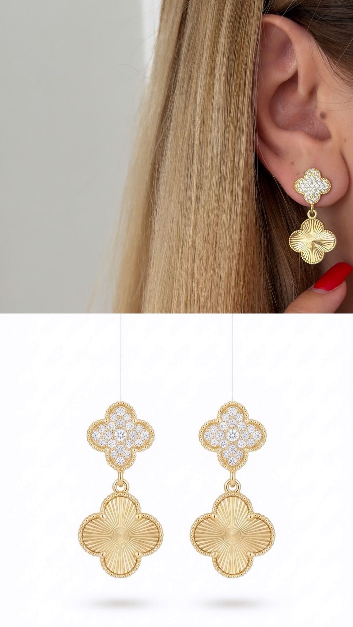 18K Gold Plated Stainless Steel Pave CZ Guilloche Four Leaf Clover Drop Earrings - CW1VPEARRING00478 | Wholesale Stainless Steel Jewelry Catwalk Jewellery Europe