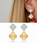 18K Gold Plated Stainless Steel Pave CZ Two Tone Guilloche Four Leaf Clover Drop Earrings - CW1VPEARRING00479 | Wholesale Stainless Steel Jewelry Catwalk Jewellery Europe