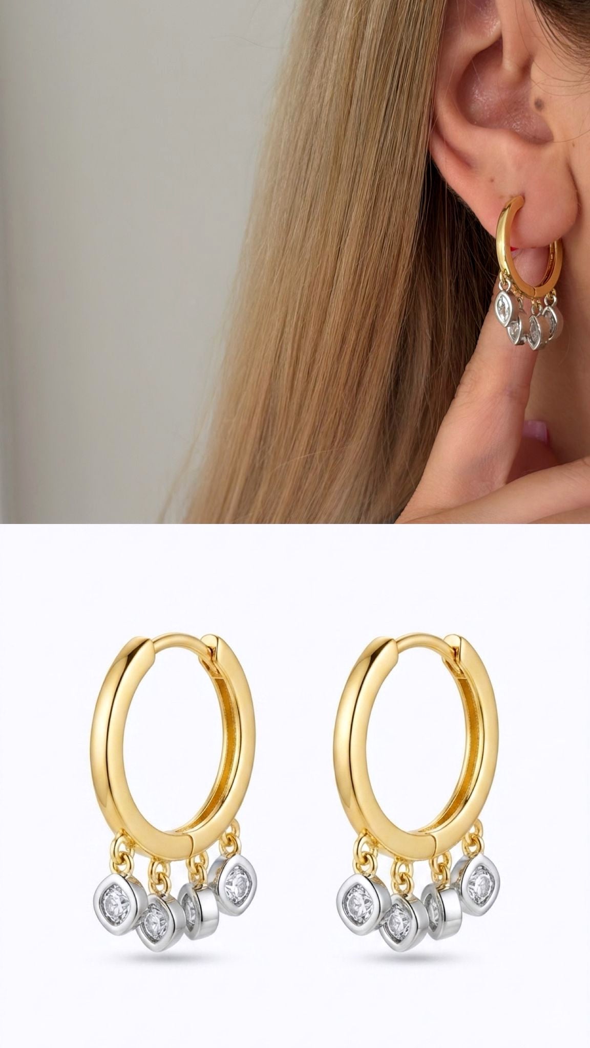 18K Gold Plated Stainless Steel Dangle Bezel CZ Dangle Huggie Hoop Earrings - CW1VPEARRING00480 | Wholesale Stainless Steel Jewelry Catwalk Jewellery Europe