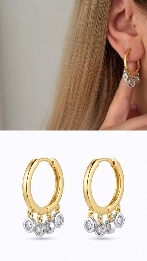 18K Gold Plated Stainless Steel Dangle Bezel CZ Dangle Huggie Hoop Earrings - CW1VPEARRING00480 | Wholesale Stainless Steel Jewelry Catwalk Jewellery Europe