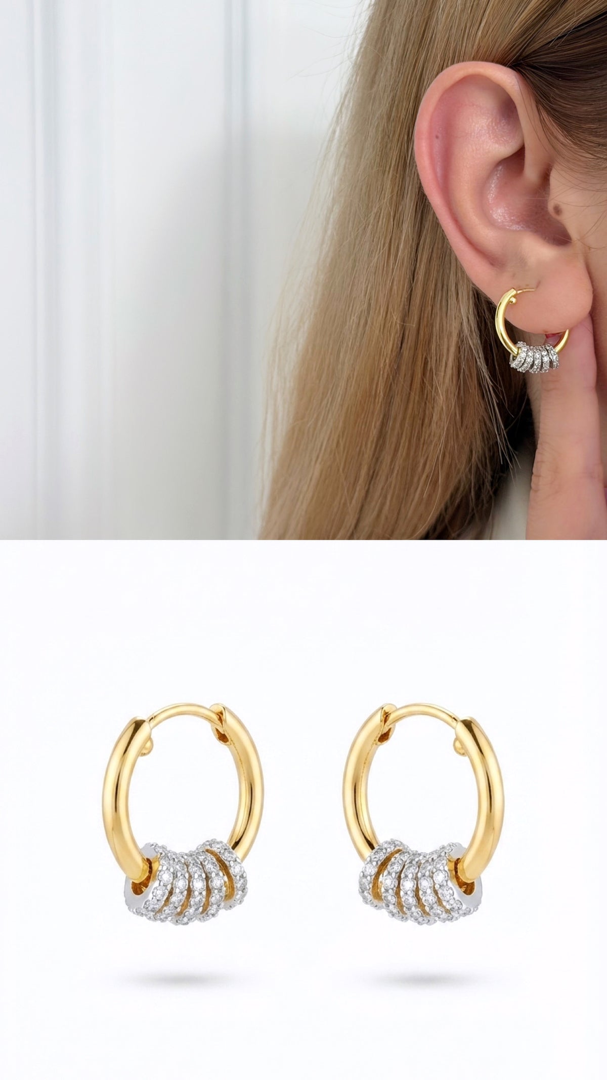 18K Gold Plated Stainless Steel Pave CZ Beaded Rings Huggie Hoop Earrings - CW1VPEARRING00481 | Wholesale Stainless Steel Jewelry Catwalk Jewellery Europe