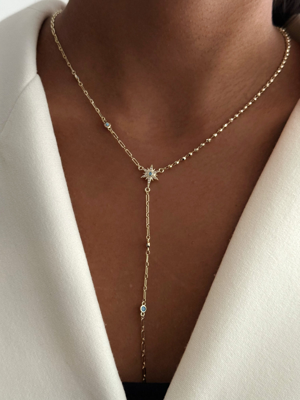 Gold CZ Pave North Star Turquoise Accent Drop Y Necklace - CW1YNECKLACE001 | Wholesale Stainless Steel Jewelry Catwalk Jewellery Europe