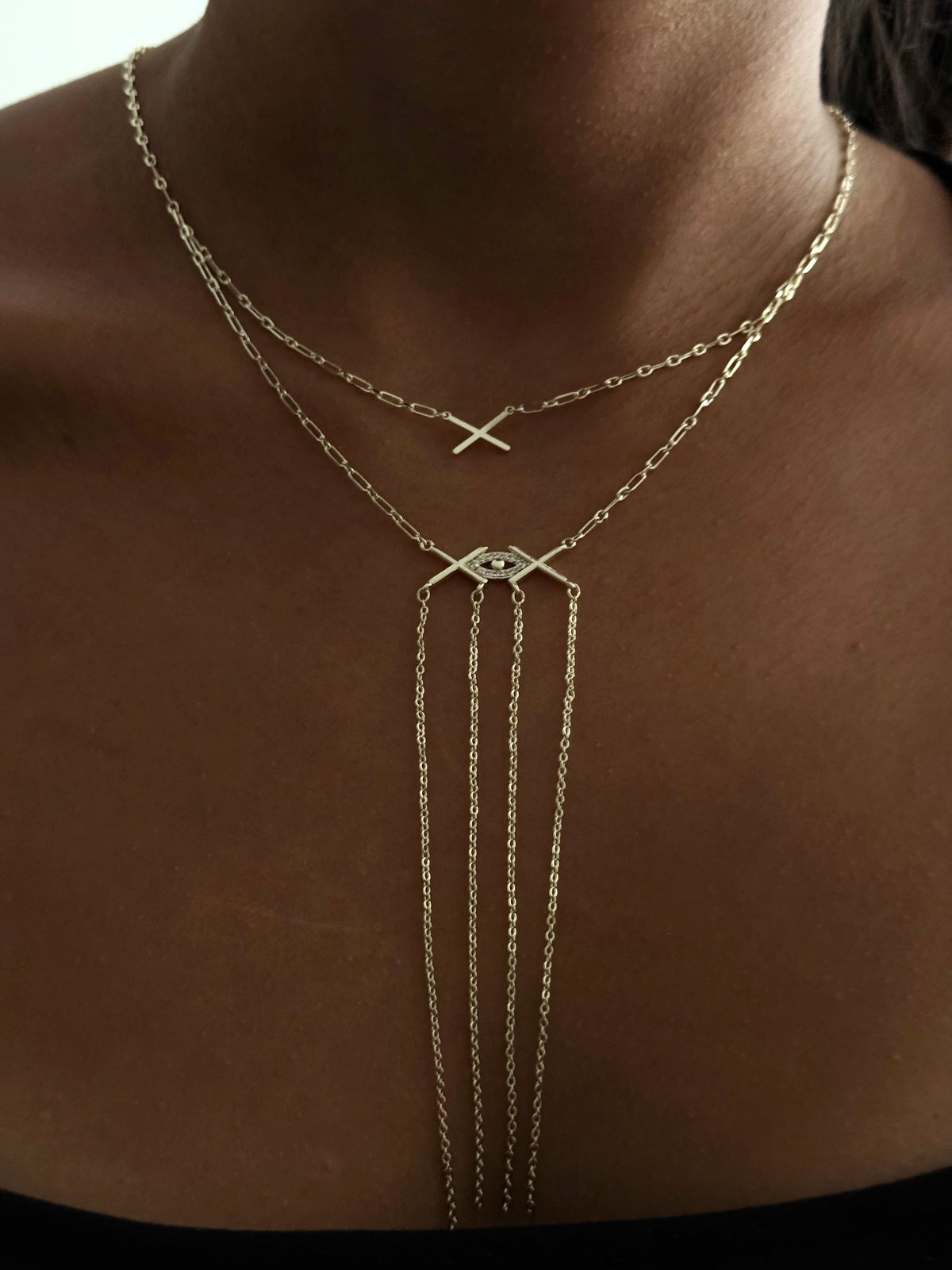 Gold CZ Pave Geometric X Evil Eye Multi Chain Fringe Layered Y Necklace - CW1YNECKLACE0013 | Wholesale Stainless Steel Jewelry Catwalk Jewellery Europe