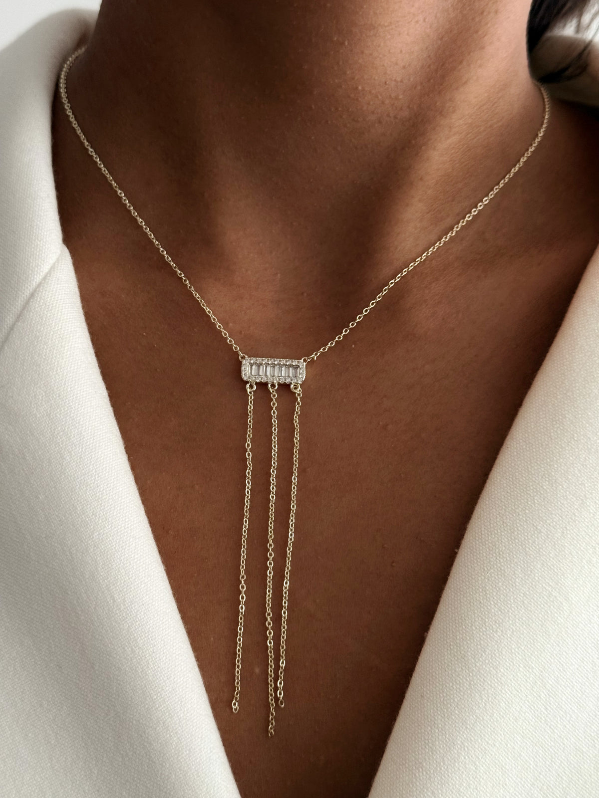 Gold Baguette CZ Pave Multi Chain Fringe Y Necklace - CW1YNECKLACE002 | Wholesale Stainless Steel Jewelry Catwalk Jewellery Europe
