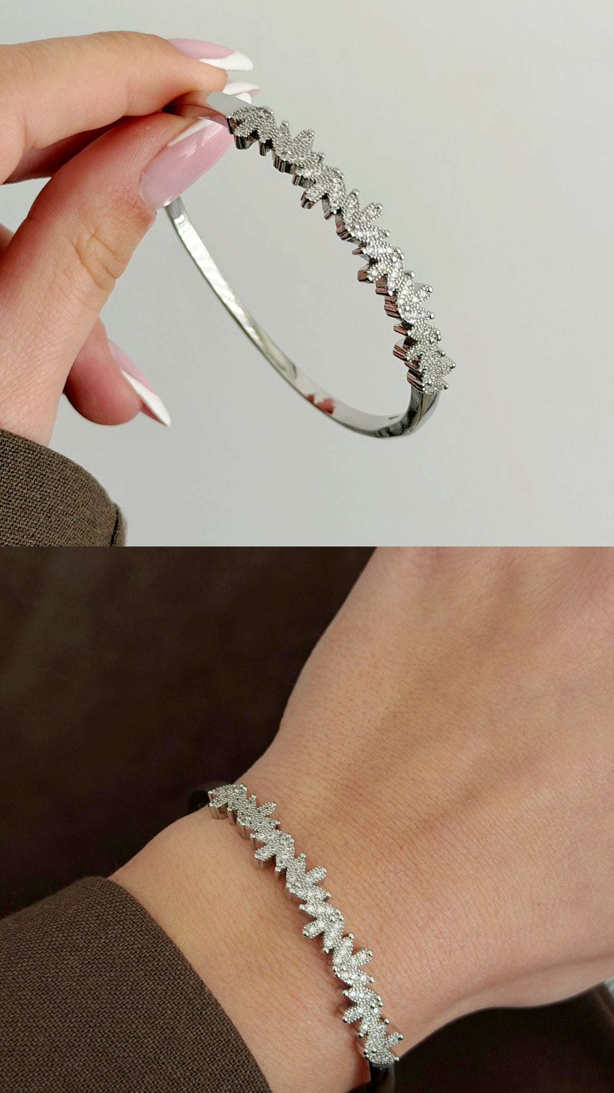 Silver CZ Pave Leaf Cluster Hinged Cuff Bangle - CW1CUFF008 | Wholesale Stainless Steel Jewelry Catwalk Jewellery Europe