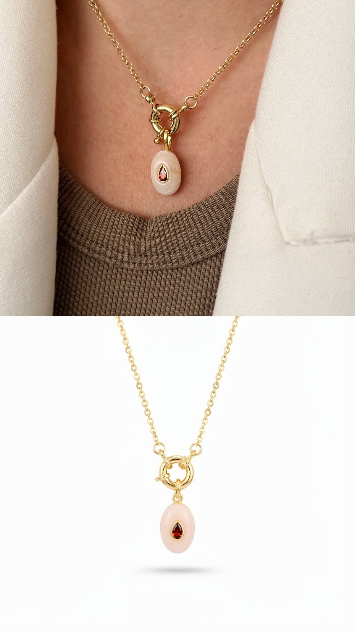 Gold Pink Enamel Oval Ruby CZ Spring Ring Necklace - CW1NKL0073 | Wholesale Stainless Steel Jewelry Catwalk Jewellery Europe