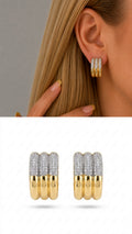 Two Tone Chunky Ribbed Texture CZ Pave Wide Huggie Hoop Statement Earrings - CW1VPEARNG00295 | Wholesale Stainless Steel Jewelry Catwalk Jewellery Europe