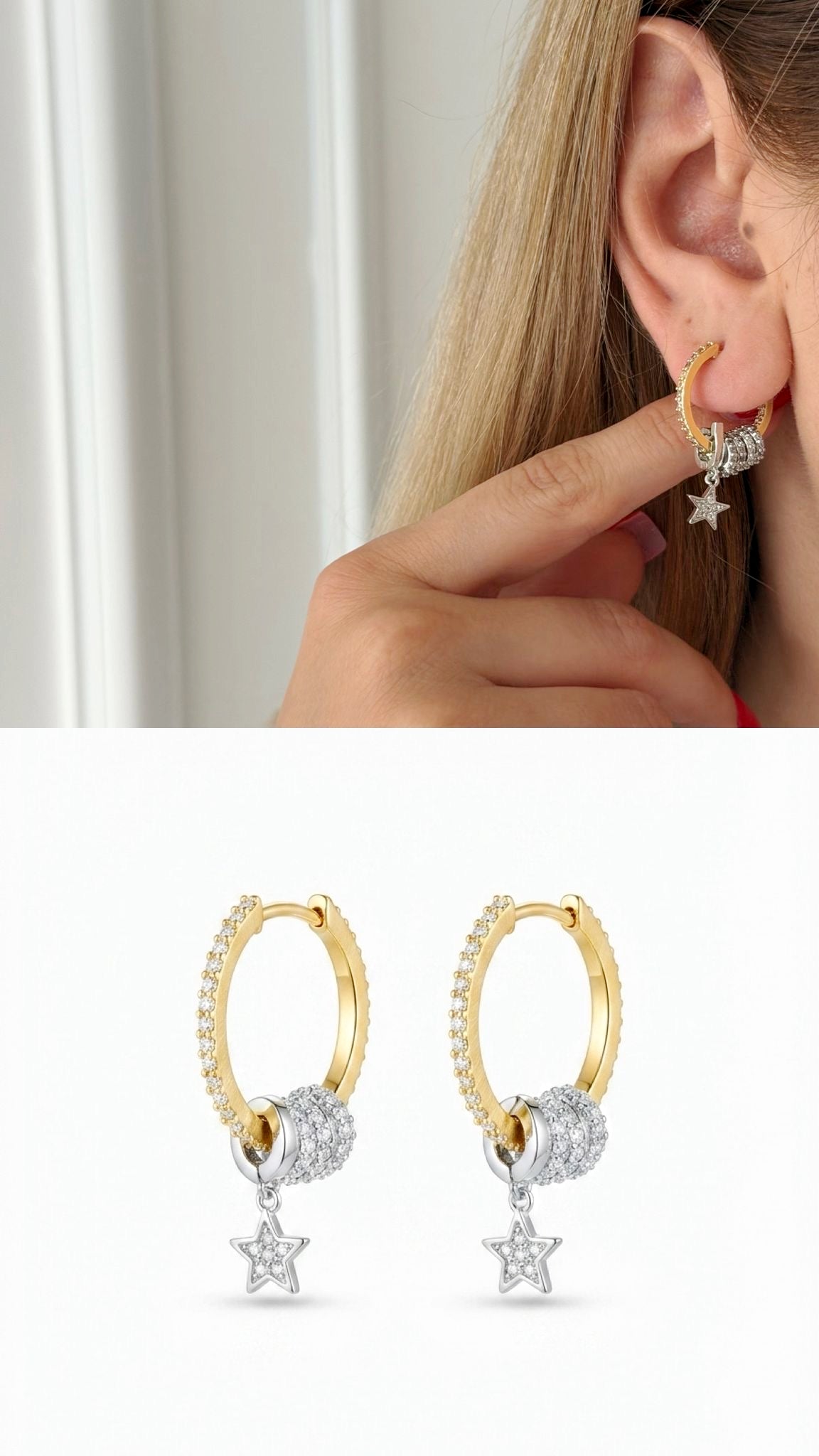 18K Gold Plated Stainless Steel Pave CZ Star Charm Huggie Hoop Earrings - CW1VPEARNG00379 | Wholesale Stainless Steel Jewelry Catwalk Jewellery Europe