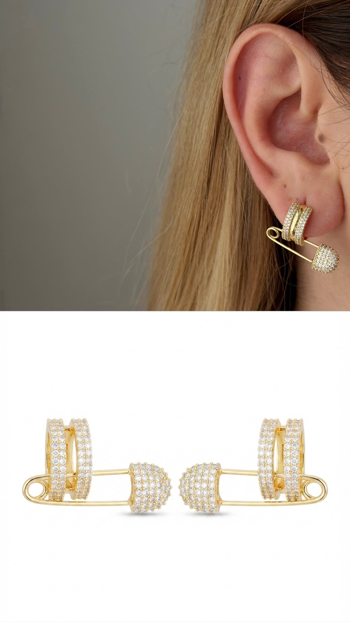 18K Gold Plated Stainless Steel Pave CZ Safety Pin Huggie Hoop Earrings - CW1VPEARNG00381 | Wholesale Stainless Steel Jewelry Catwalk Jewellery Europe