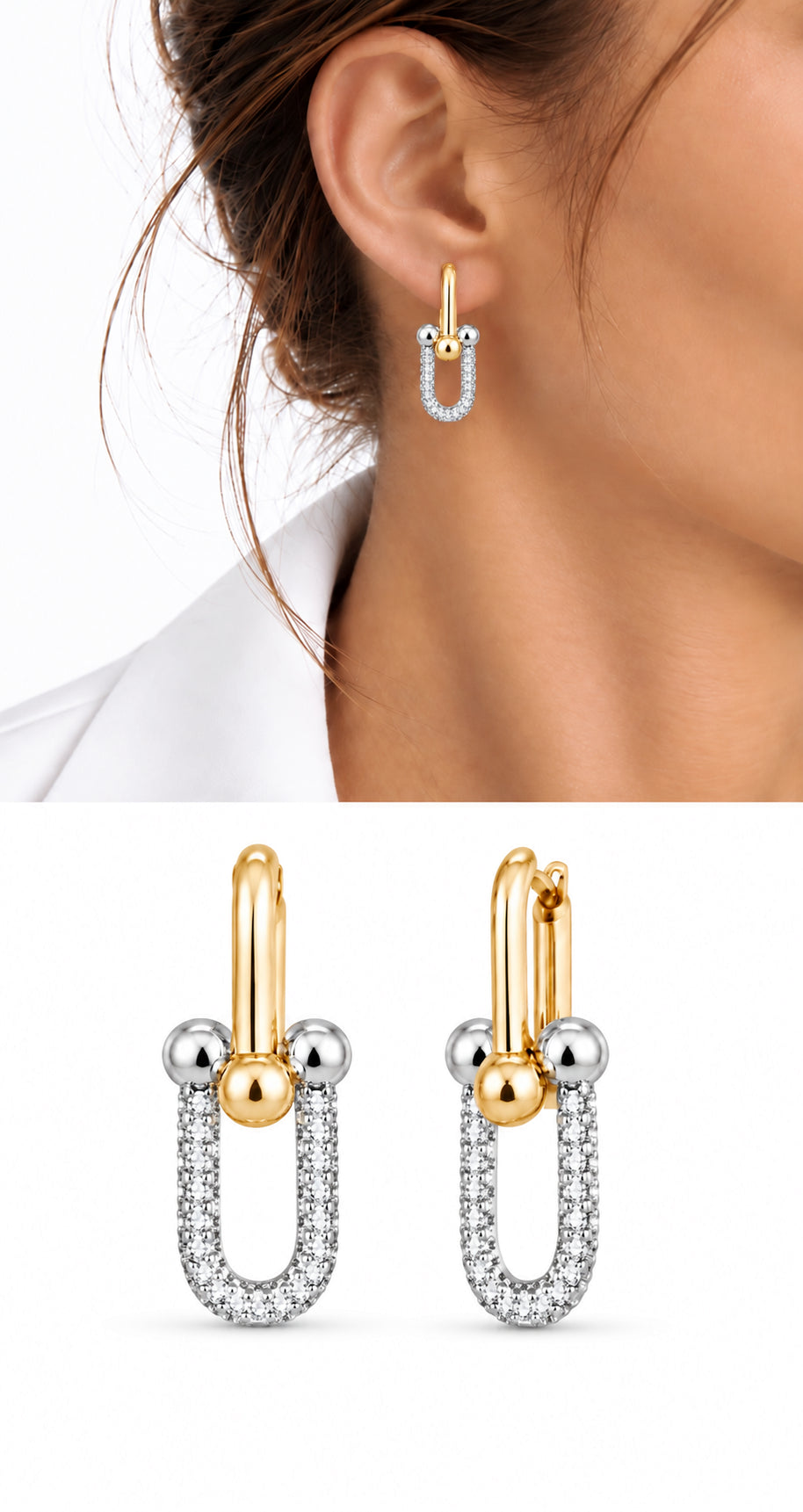 18K Gold Plated Stainless Steel Two Tone Pave CZ U Link Drop Earrings - CW1VPEARNG00382 | Wholesale Stainless Steel Jewelry Catwalk Jewellery Europe