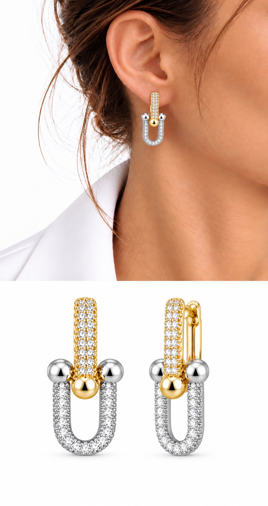 18K Gold Plated Stainless Steel Two Tone Full Pave CZ U Link Drop Earrings - CW1VPEARNG00383 | Wholesale Stainless Steel Jewelry Catwalk Jewellery Europe