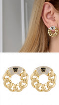 18K Gold Plated Stainless Steel Chain Link Pave CZ Black Enamel Stud Earrings - CW1VPEARNG00384 | Wholesale Stainless Steel Jewelry Catwalk Jewellery Europe