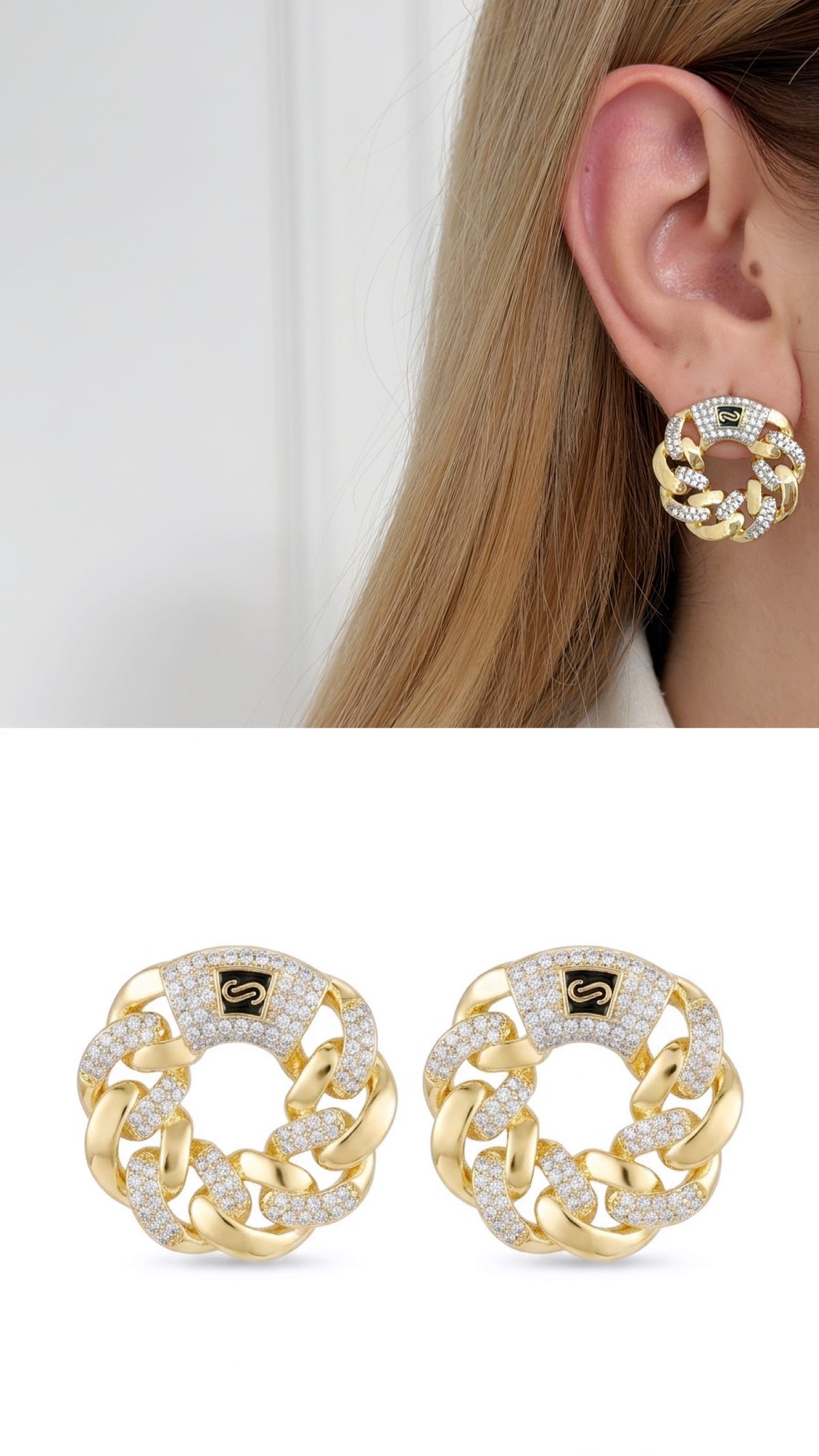 18K Gold Plated Stainless Steel Full Pave CZ Chain Link Black Enamel Stud Earrings - CW1VPEARNG00385 | Wholesale Stainless Steel Jewelry Catwalk Jewellery Europe