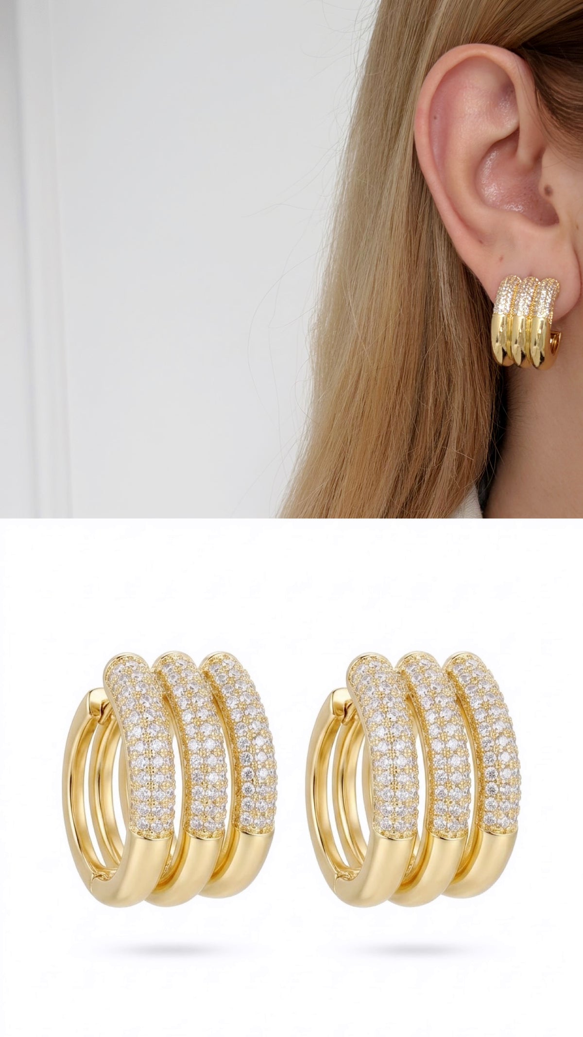 18K Gold Plated Stainless Steel Pave CZ Triple Band Huggie Hoop Earrings - CW1VPEARNG00386 | Wholesale Stainless Steel Jewelry Catwalk Jewellery Europe