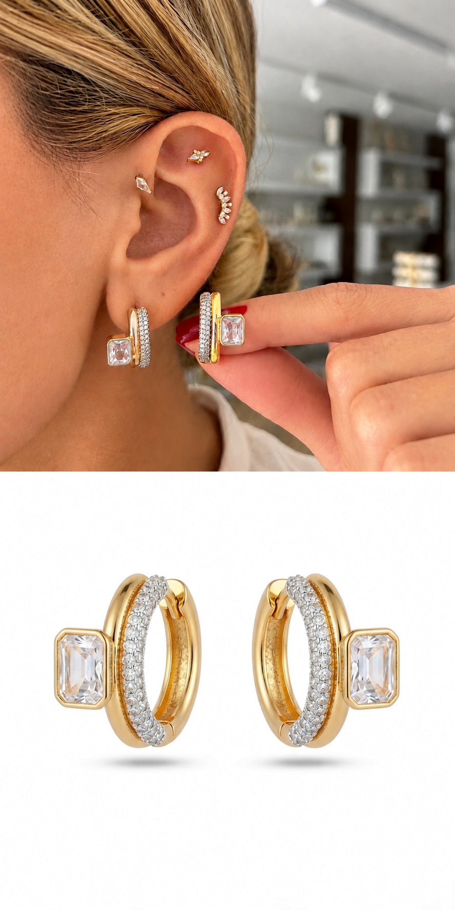 18K Gold Plated Stainless Steel Pave CZ Double Row Emerald Cut Bezel CZ Huggie Hoop Earrings - CW1VPEARRING00482 | Wholesale Stainless Steel Jewelry Catwalk Jewellery Europe