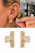 18K Gold Plated Stainless Steel Triple Row Pave CZ Emerald Cut Bezel CZ Huggie Hoop Earrings - CW1VPEARRING00483 | Wholesale Stainless Steel Jewelry Catwalk Jewellery Europe