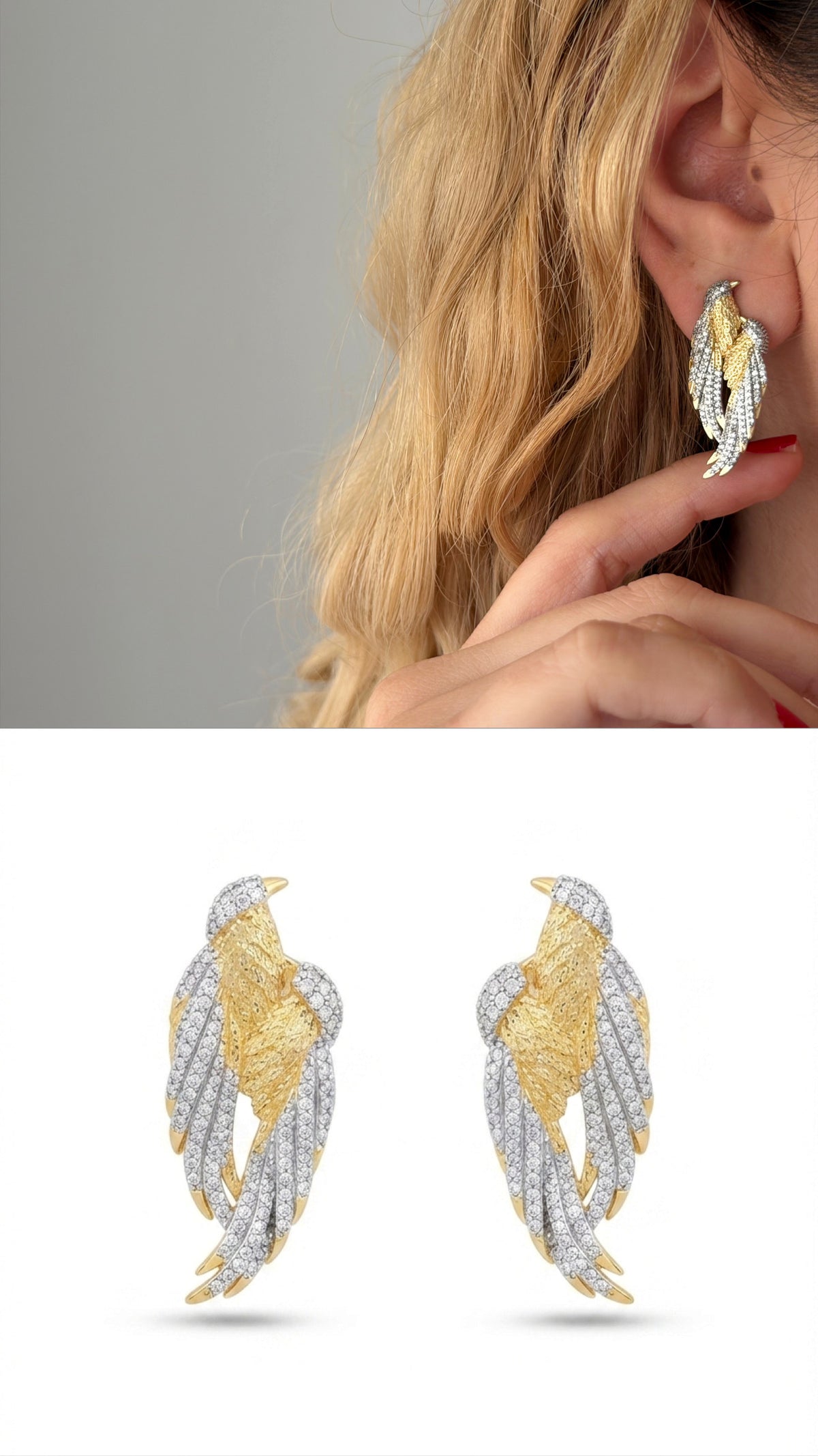 18K Gold Plated Stainless Steel Pave CZ Textured Eagle Falcon Bird Wing Statement Stud Earrings - CW1VPEARRING00485 | Wholesale Stainless Steel Jewelry Catwalk Jewellery Europe