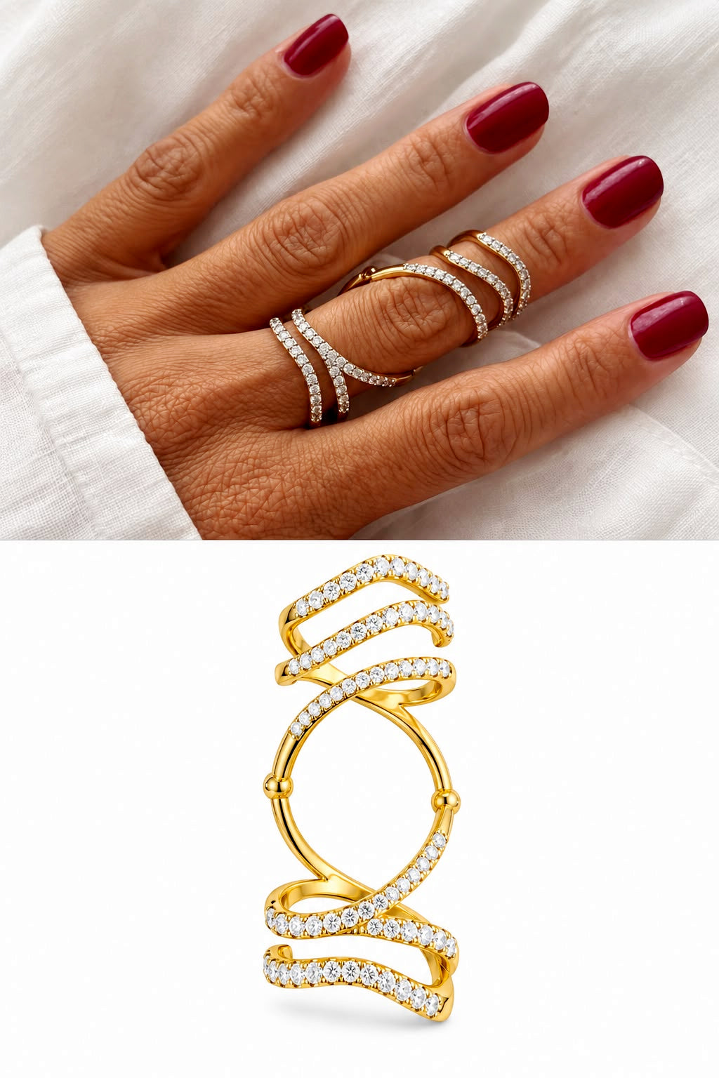 18K Gold Plated Stainless Steel Pave CZ Spiral Wrap Full Finger Statement Ring - CW1RING00226 | Wholesale Stainless Steel Jewelry Catwalk Jewellery Europe