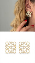 18K Gold Plated Stainless Steel Pave CZ Square Anagram Filigree Stud Earrings - CW1VPEARNG00397 | Wholesale Stainless Steel Jewelry Catwalk Jewellery Europe
