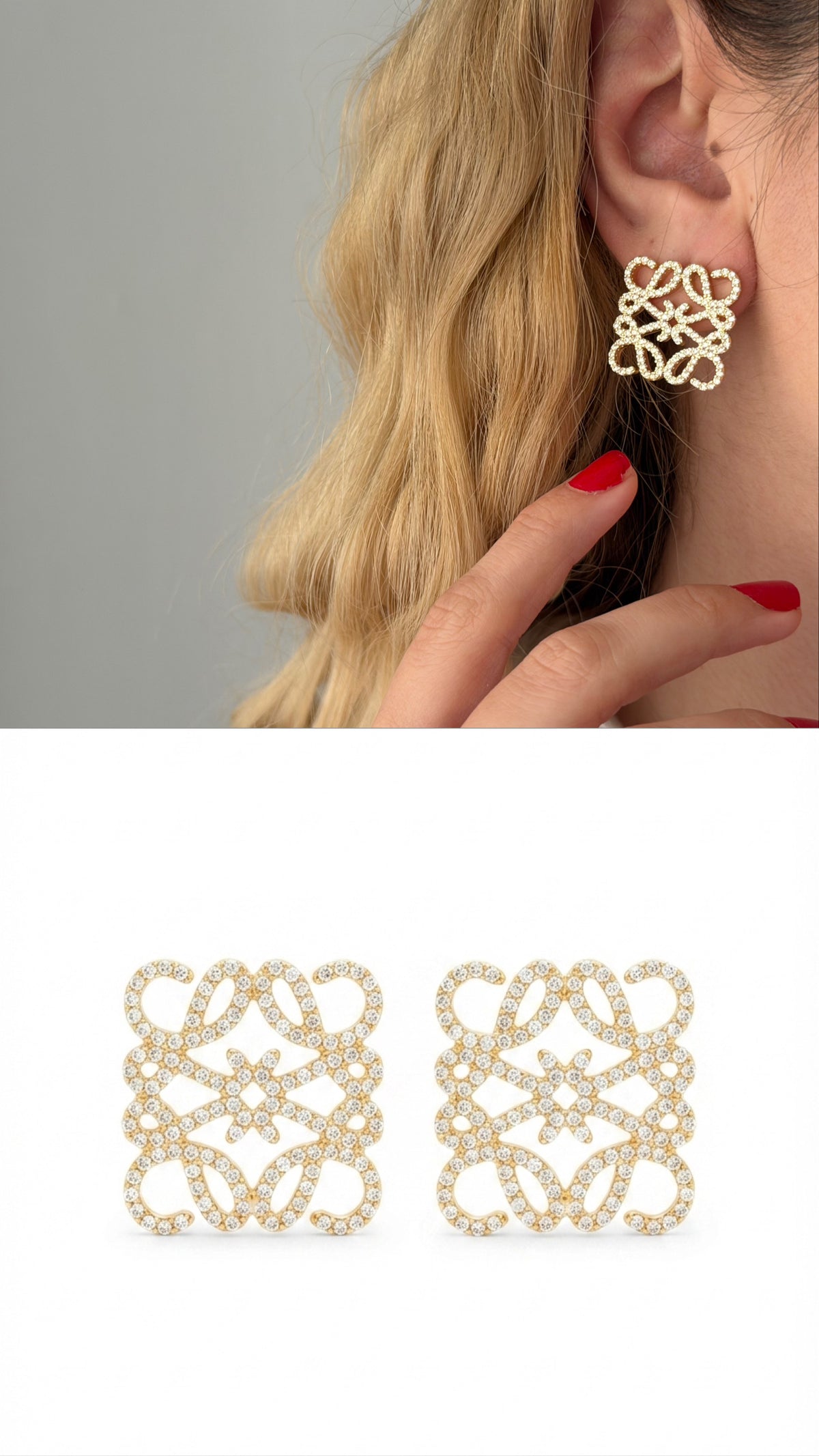 18K Gold Plated Stainless Steel Pave CZ Square Anagram Filigree Stud Earrings - CW1VPEARNG00397 | Wholesale Stainless Steel Jewelry Catwalk Jewellery Europe