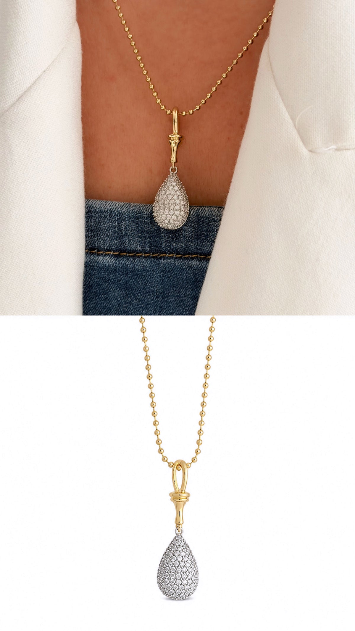 18K Gold Plated Stainless Steel Pave CZ Teardrop Pendant Ball Beaded Chain Necklace - CW1NKL00197 | Wholesale Stainless Steel Jewelry Catwalk Jewellery Europe