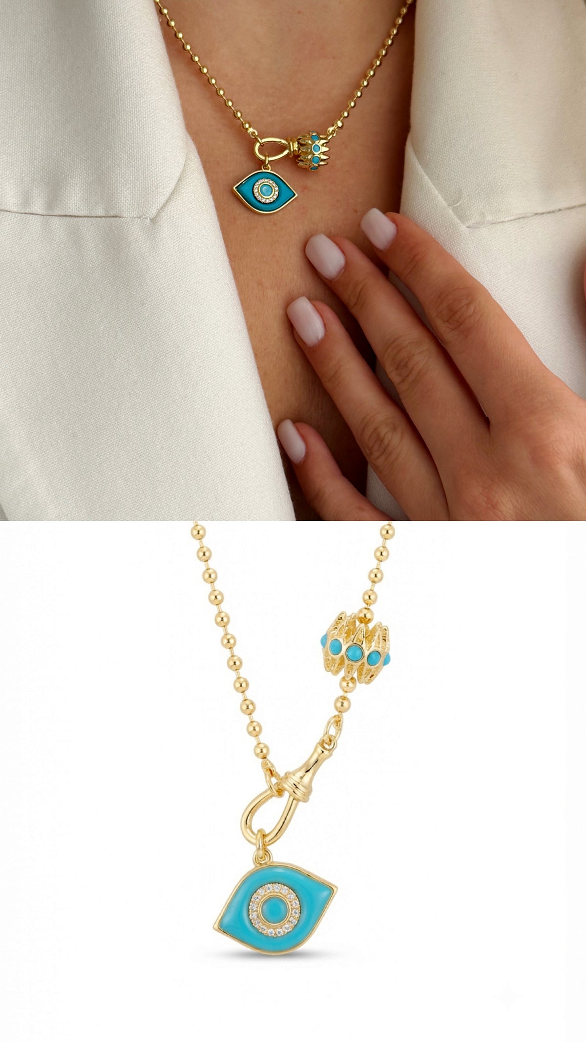 Gold Turquoise Enamel Evil Eye Cage Charm Ball Chain Necklace - CW1NKL0088 | Wholesale Stainless Steel Jewelry Catwalk Jewellery Europe