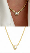 Gold CZ Baguette Halo Emerald Cut Solitaire Herringbone Necklace - CW1NKL0089 | Wholesale Stainless Steel Jewelry Catwalk Jewellery Europe