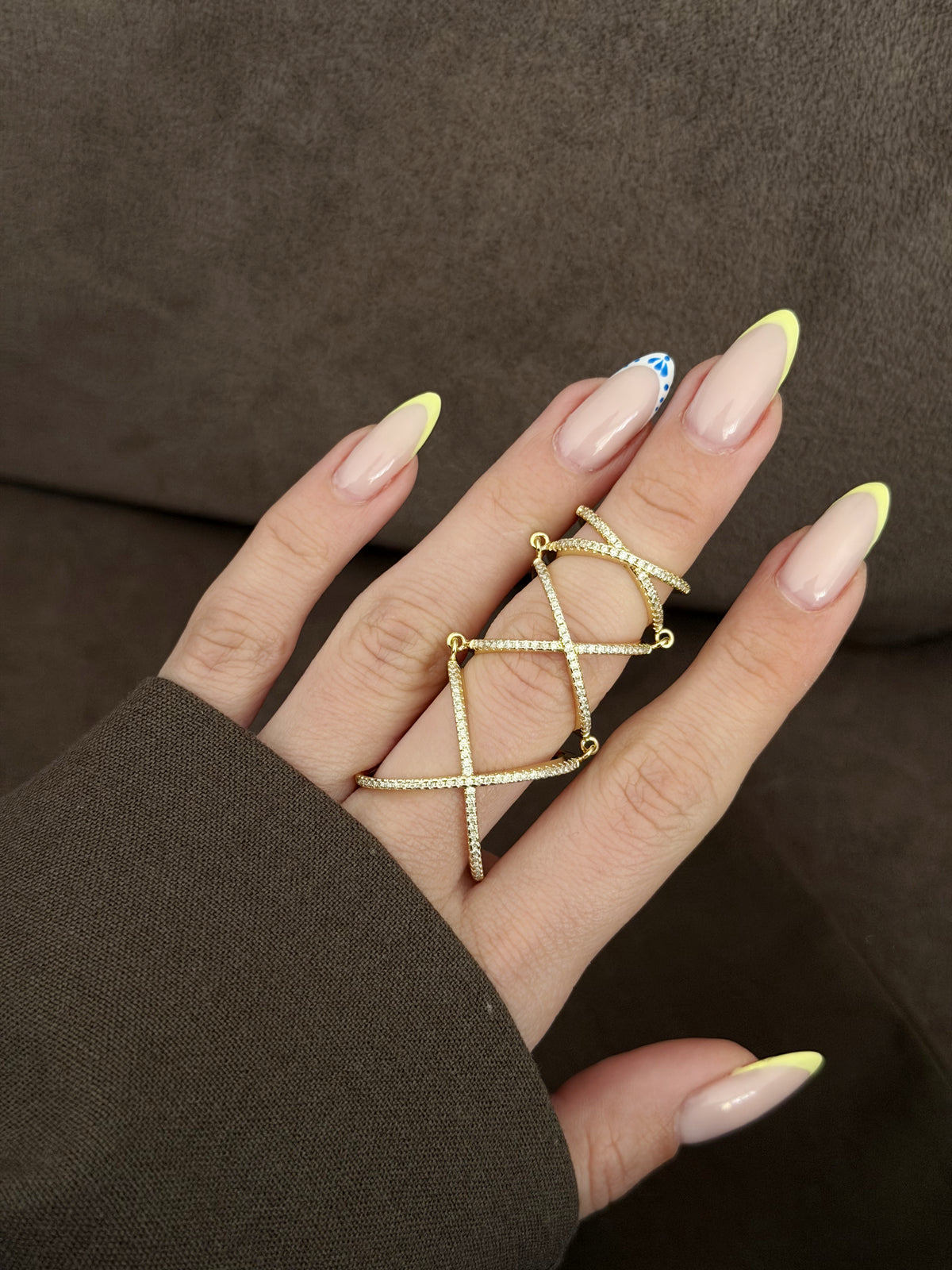 Gold CZ Pave Articulated Full Finger Criss Cross Ring - CW1RING00214 | Wholesale Stainless Steel Jewelry Catwalk Jewellery Europe