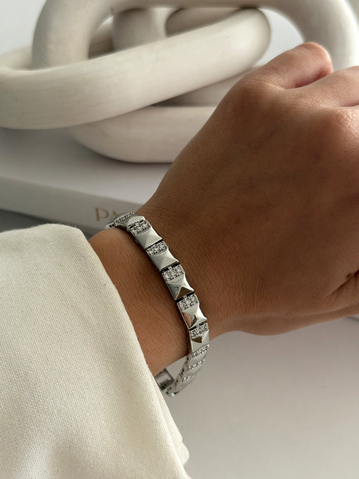 CW1VPBRCLT0048-silver-cz-pave-pyramid-studded-rectangular-link-bracelet-catwalkjewellery wholesale jewelry BRACELETS  Catwalk Jewellery Europe