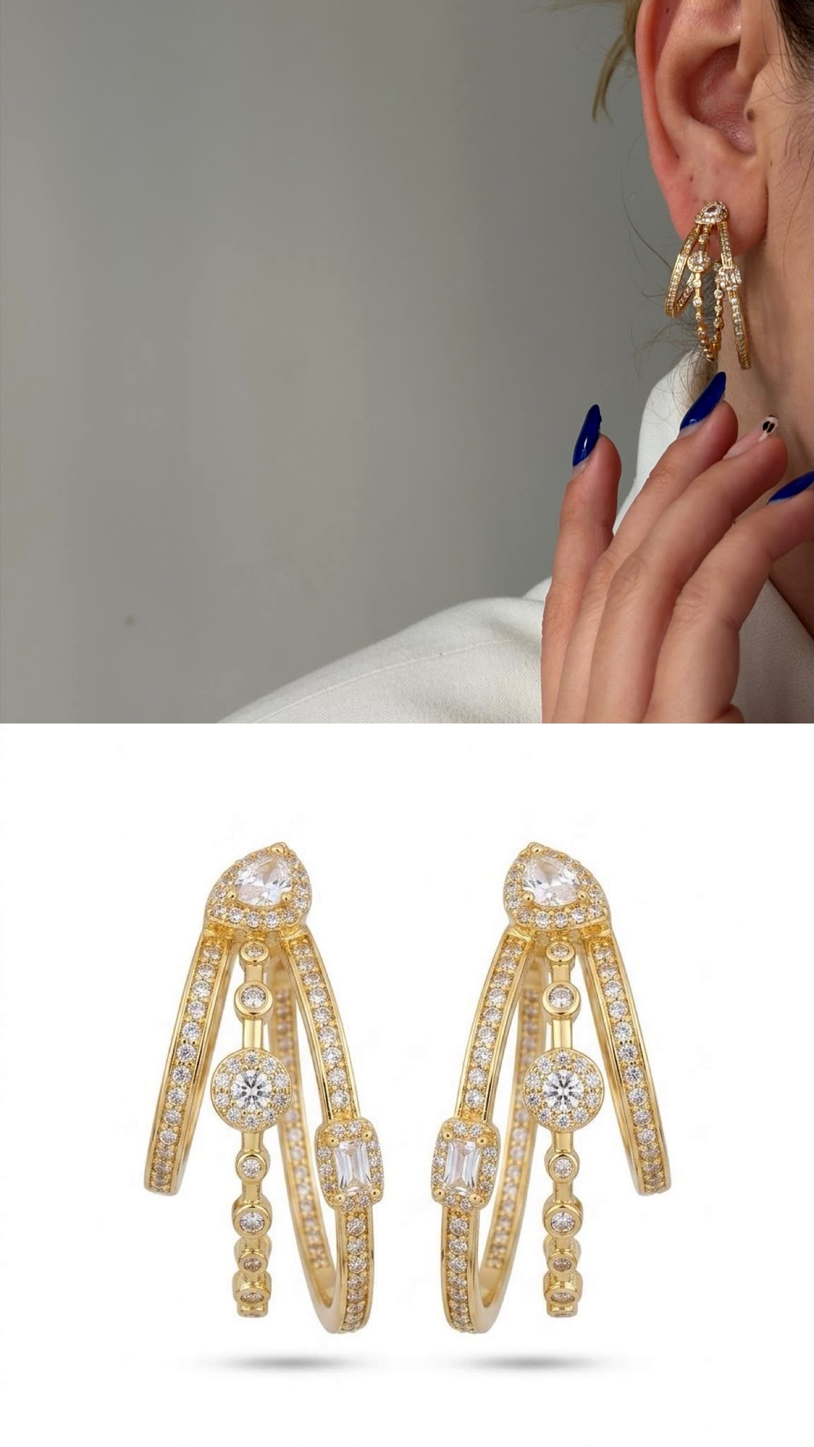 CW1VPEARNG00312-gold-cz-pave-layered-triple-hoop-mixed-cut-station-statement-earrings-catwalkjewellery wholesale jewelry VIP 14K EARRINGS  Catwalk Jewellery Europe