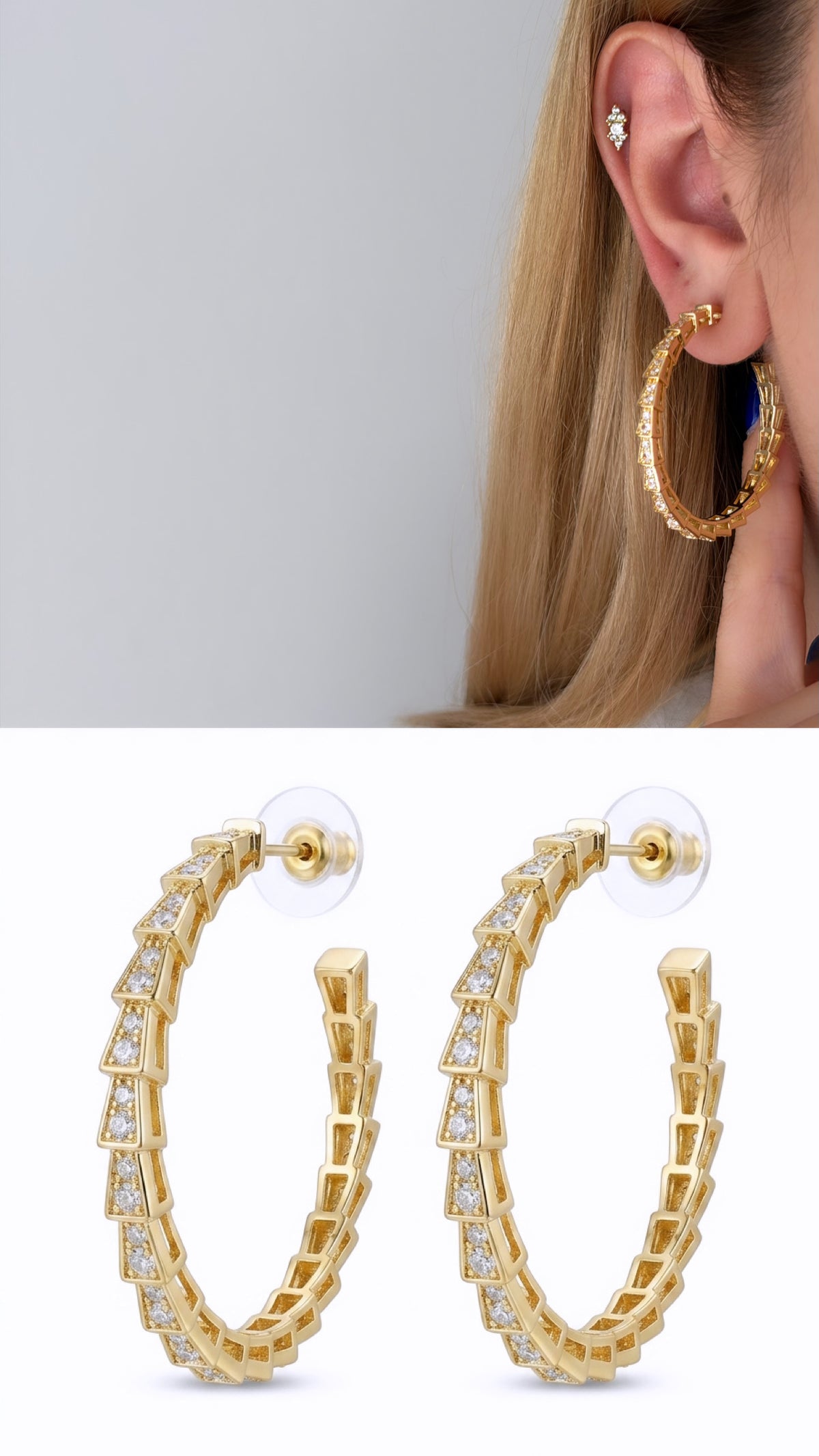 Gold CZ Pave Geometric Pyramid Link C Hoop Statement Earrings - CW1VPEARNG00313 | Wholesale Stainless Steel Jewelry Catwalk Jewellery Europe