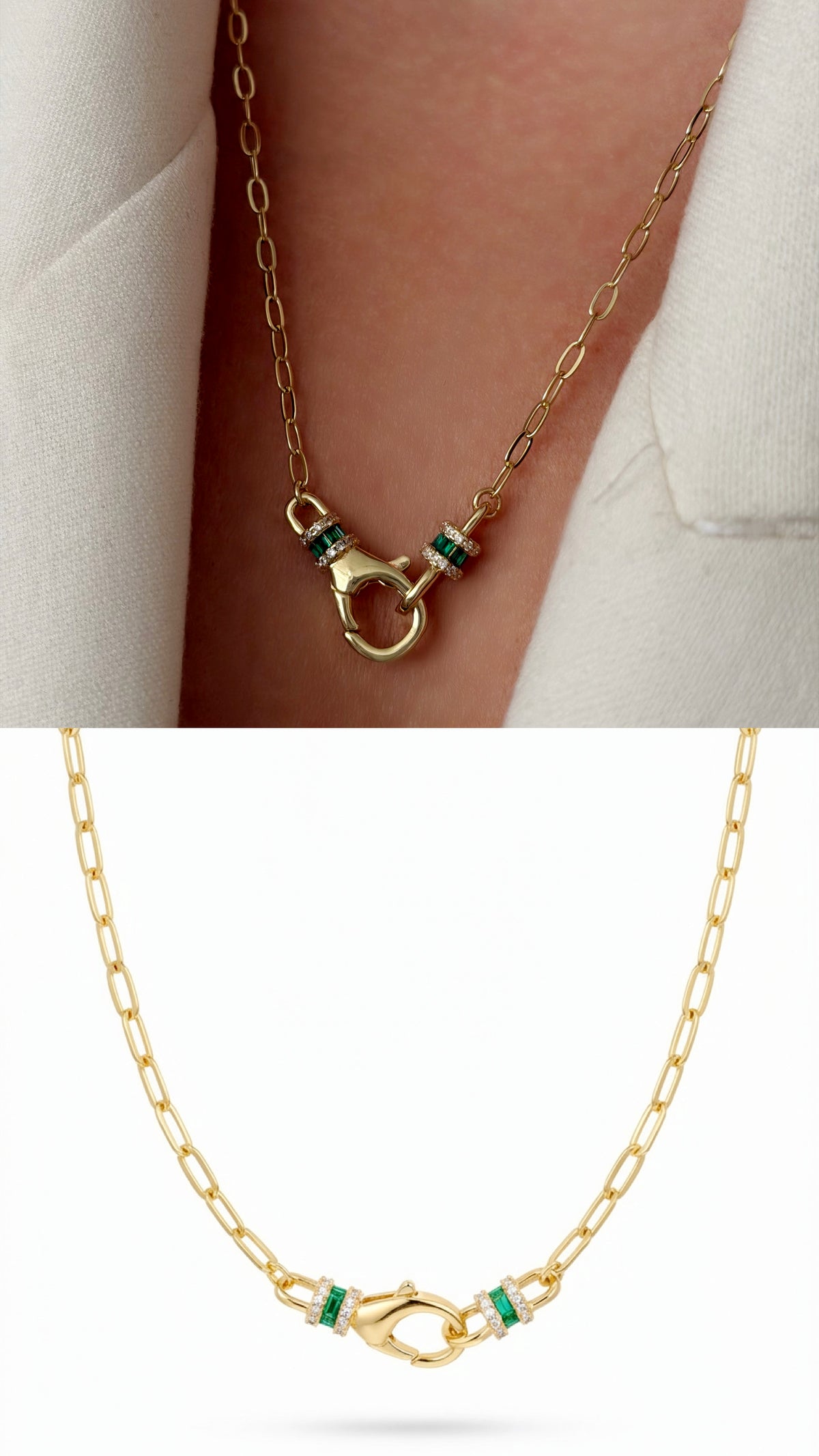 18K Gold Plated Stainless Steel Emerald Green Baguette CZ Front Clasp Paperclip Chain Necklace Wholesale - CW1NKL00176 | Wholesale Stainless Steel Jewelry Catwalk Jewellery Europe