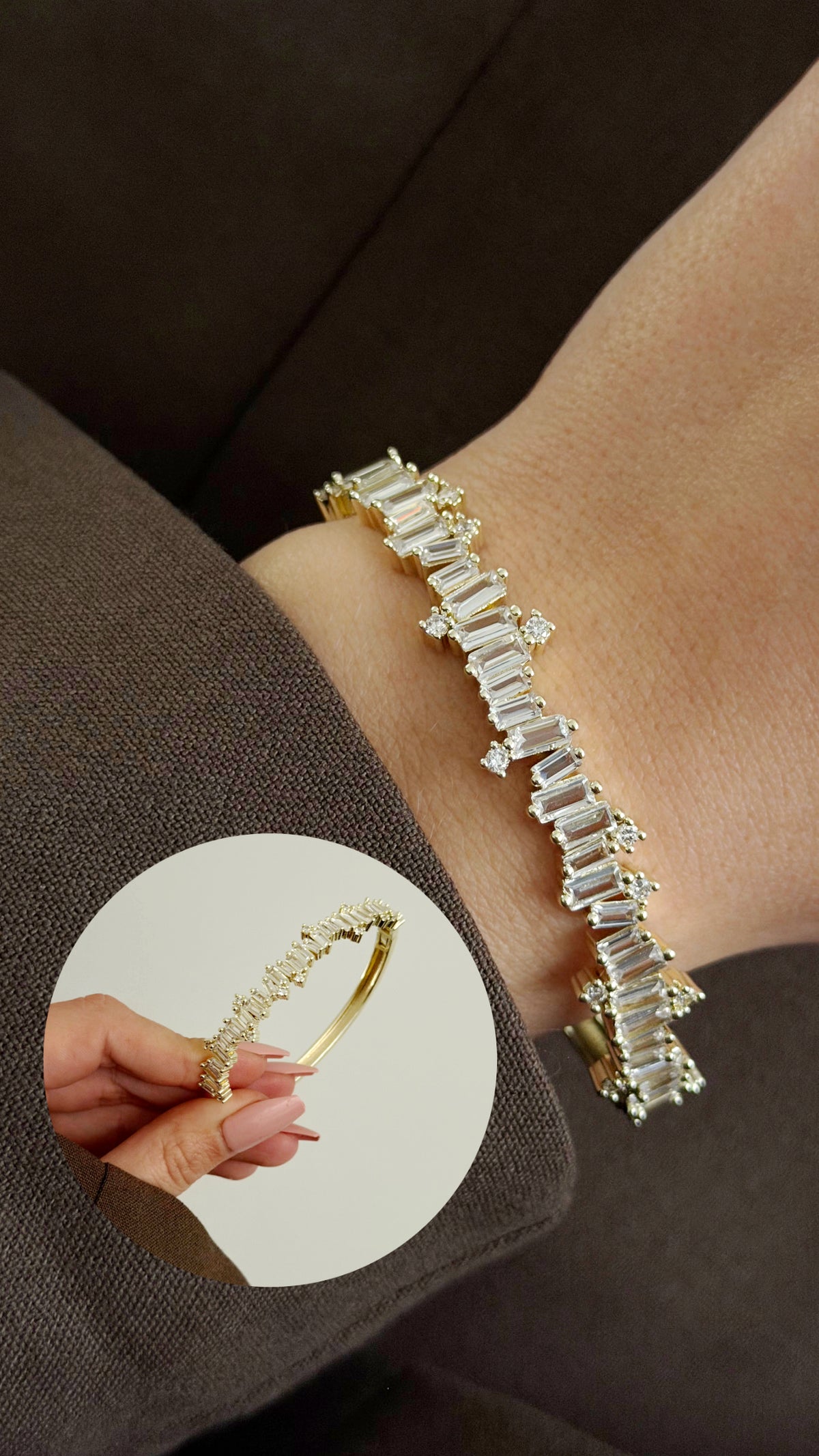 Gold Jagged Baguette CZ Pave Hinged Cuff Bangle - CW1CUFF0023 | Wholesale Stainless Steel Jewelry Catwalk Jewellery Europe