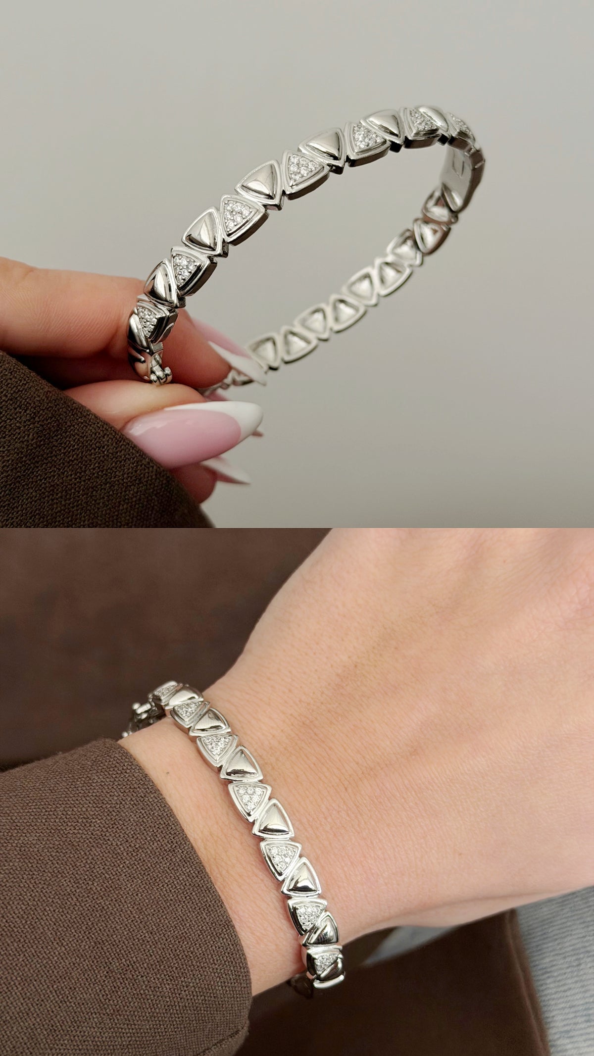 Silver CZ Pave Triangle Geometric Hinged Cuff Bangle - CW1CUFF0033 | Wholesale Stainless Steel Jewelry Catwalk Jewellery Europe