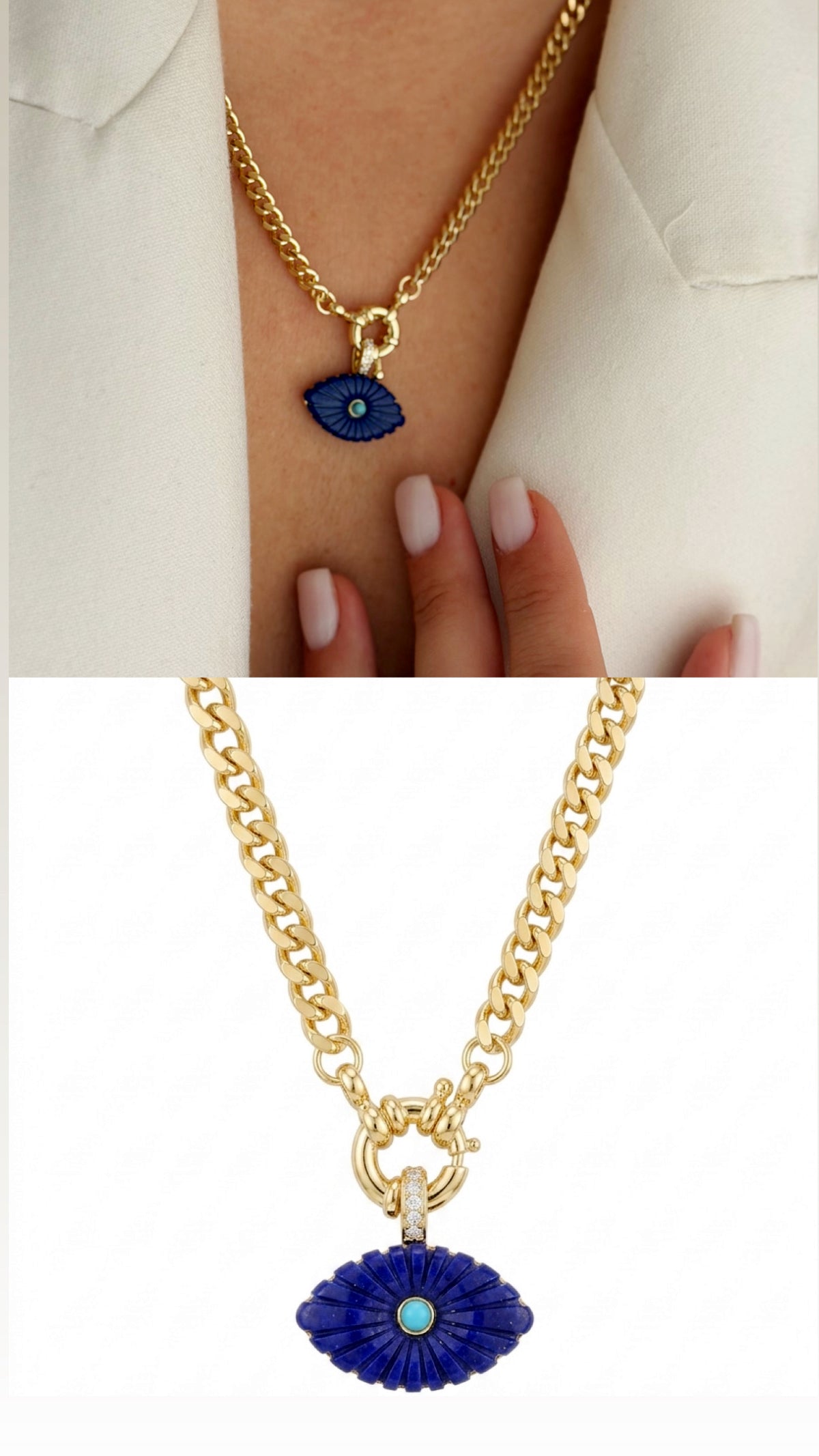 Gold Lapis Blue Carved Evil Eye Curb Chain Necklace - CW1NKL00101 | Wholesale Stainless Steel Jewelry Catwalk Jewellery Europe
