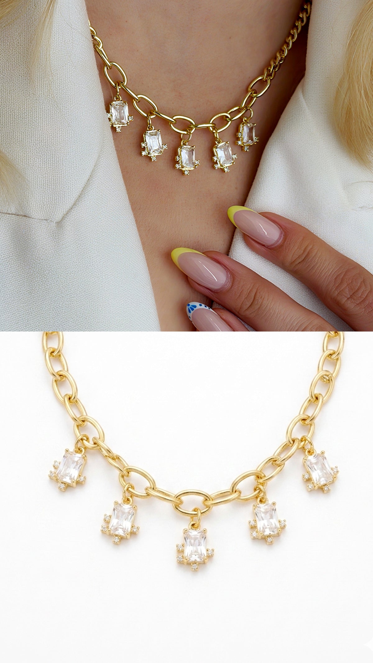 Gold Emerald Cut CZ Dangle Fringe Chunky Chain Necklace - CW1NKL00103 | Wholesale Stainless Steel Jewelry Catwalk Jewellery Europe