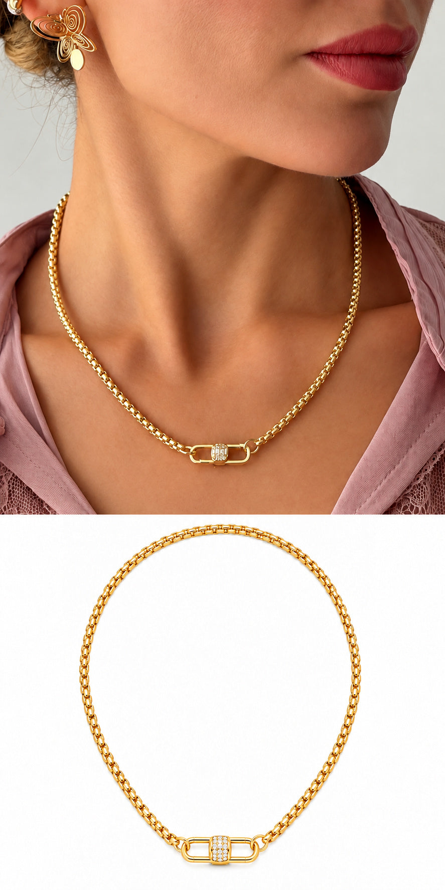 18K Gold Plated Stainless Steel Pave CZ Barrel Lock Box Chain Necklace - CW1NKL00199 | Wholesale Stainless Steel Jewelry Catwalk Jewellery Europe