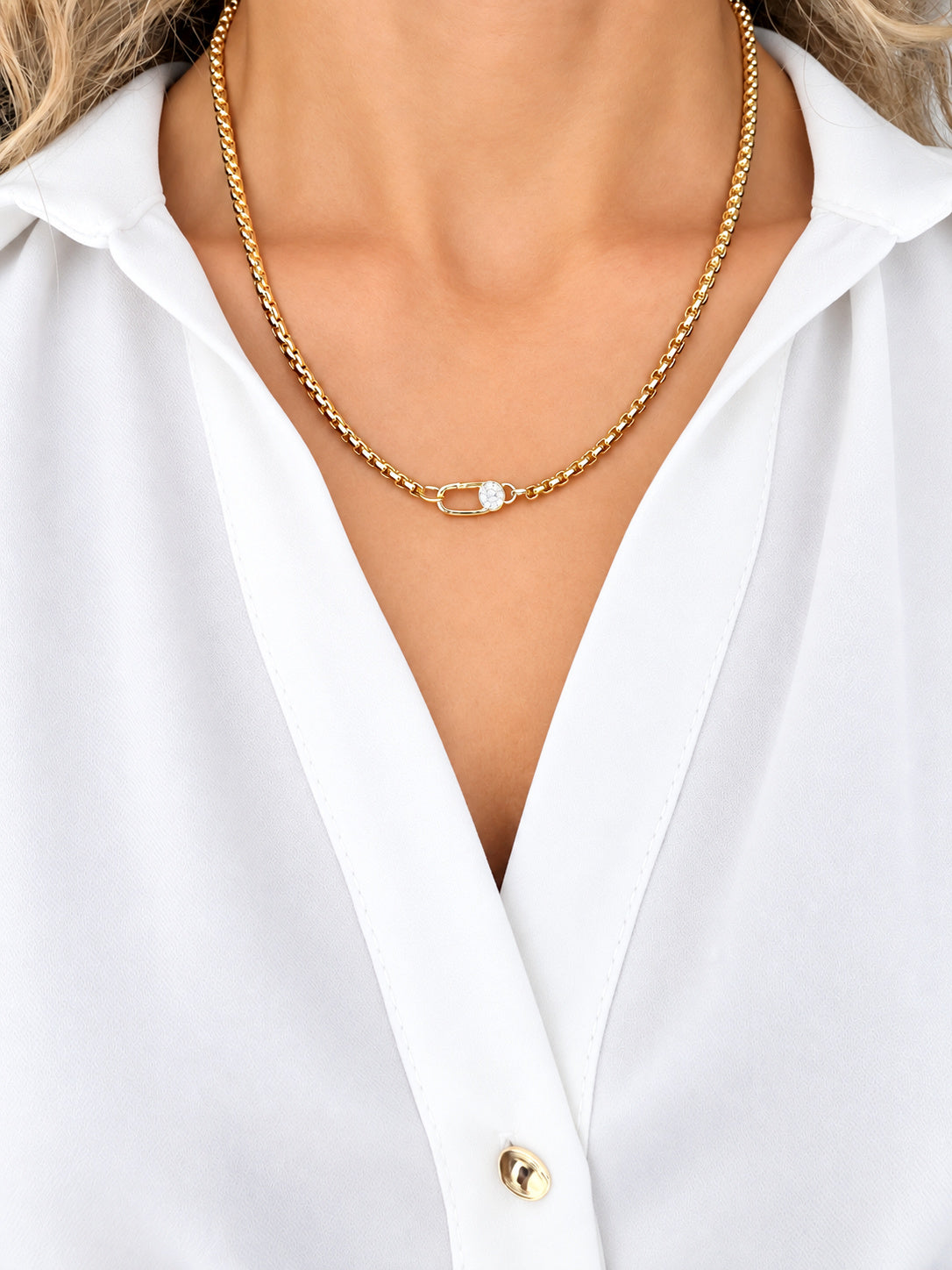 18K Gold Plated Stainless Steel Solitaire CZ Paperclip Lock Box Chain Necklace - CW1NKL00201 | Wholesale Stainless Steel Jewelry Catwalk Jewellery Europe