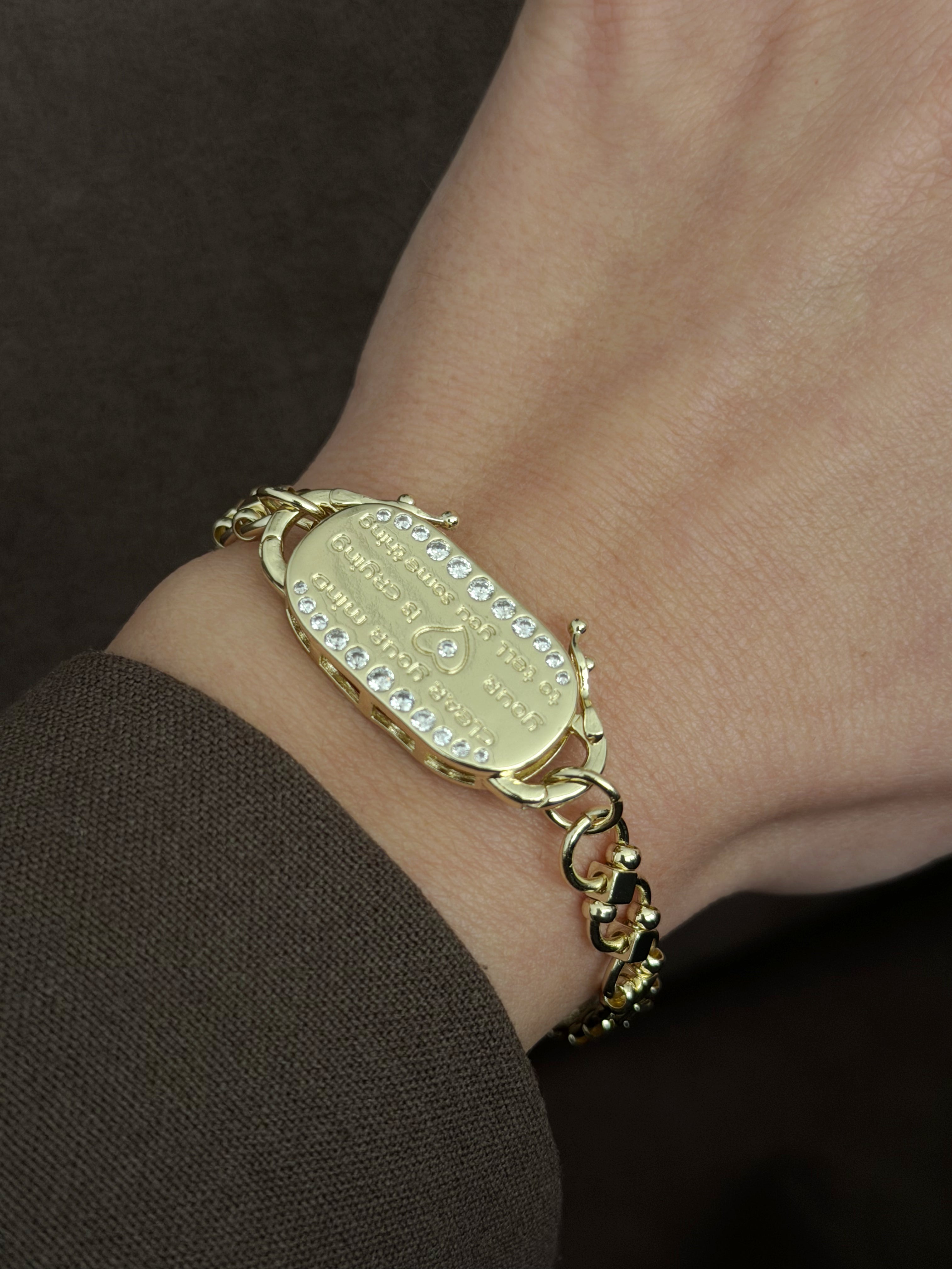 CW1VPBRCLT00123-gold-cz-accent-engraved-quote-oval-plaque-link-bracelet-catwalkjewellery wholesale jewelry BRACELETS  Catwalk Jewellery Europe